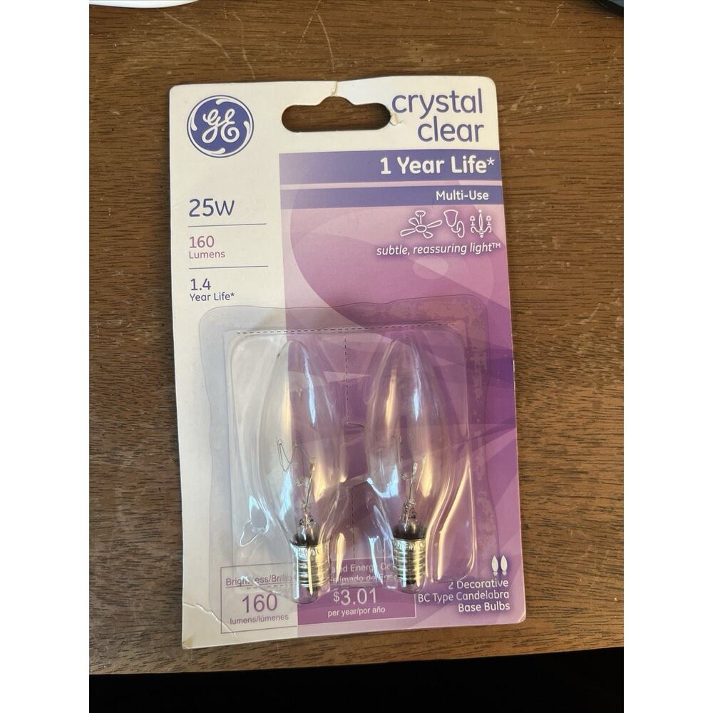 GE 25w Crystal Clear 1 Year Life Decorative BC Type Candelabra Base 2 Bulbs